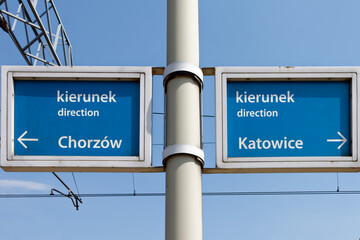 Oznaczenie kierunku jazdy pociągu na peronie stacji kolejowej