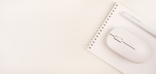 Creative flat desktop photography of workspace. Business concept. Office table, top view. Panoramic banner background with copy space.