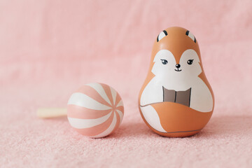 Cute wooden handmade toys for newborn. wooden beanbag, roly-poly. Colorful animal toys set for babies. Non plastic toys concept