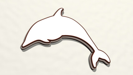 dolphin on the wall. 3D illustration of metallic sculpture over a white background with mild texture. animal and sea