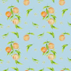 Watercolor Seamless orange fruit pattern with tropic fruits, leaves, flowers background. Hand drawn illustration for summer romantic cover, tropical wallpaper, prints for the kitchen, Sicilian style