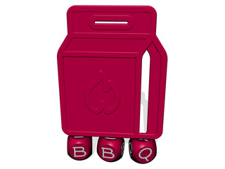 3D representation of BBQ with icon on the wall and text arranged by metallic cubic letters on a mirror floor for concept meaning and slideshow presentation. barbecue and background