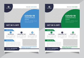 Professional Medical Flyer design template, covid-19 coronavirus Health care cover, modern layout, green, blue, colorful, shape design size a4 vector illustrator