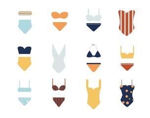 Swimsuit colored set. Summer swimwear set in flat style illustration