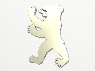 bear sign from a perspective on the wall. A thick sculpture made of metallic materials of 3D rendering. illustration and animal