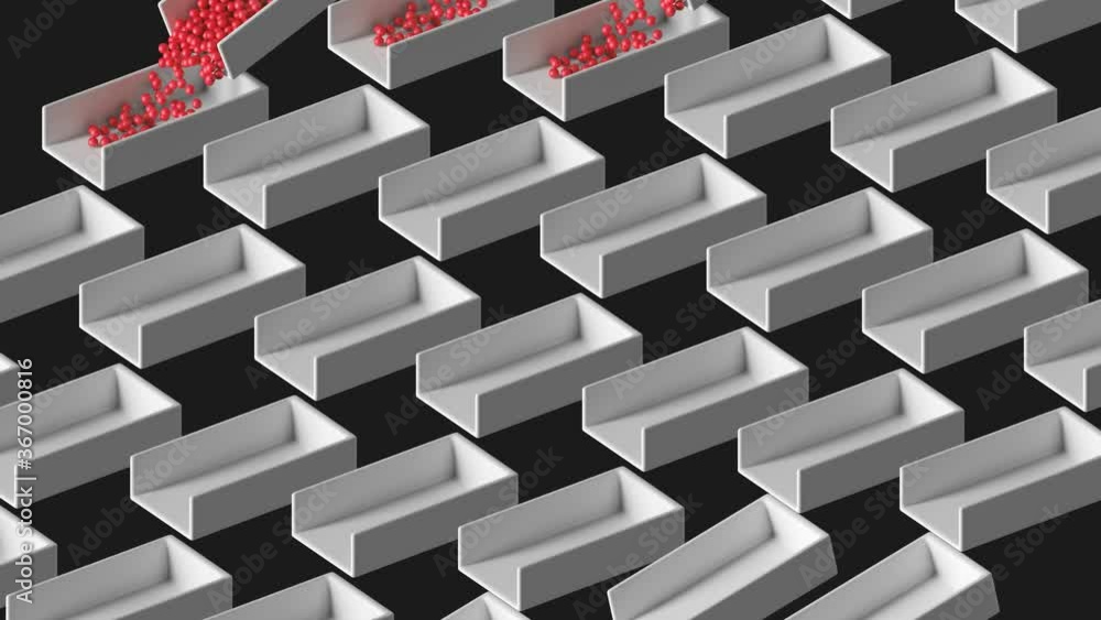 Poster 3d render of red balls moving from one box to another. loop cycle. abstract background.