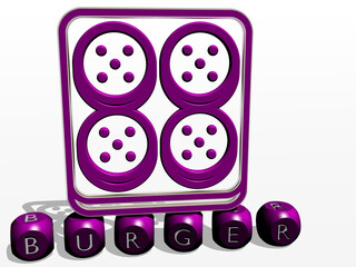 3D graphical image of burger vertically along with text built by metallic cubic letters from the top perspective, excellent for the concept presentation and slideshows. food and background