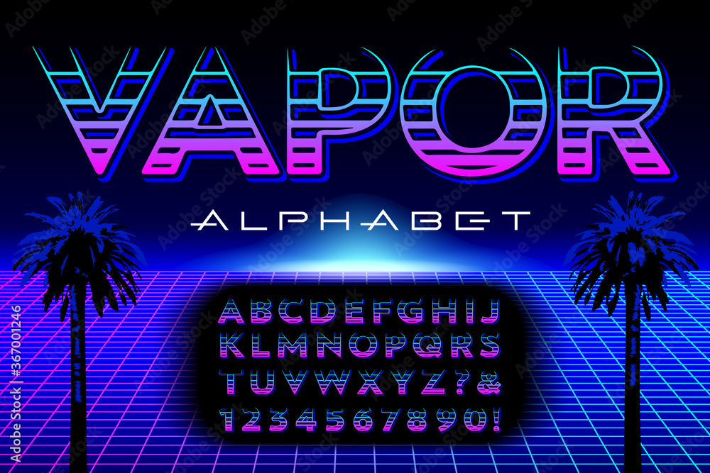 Poster a stylized alphabet constructed with horizontal strokes. this font is in the style and color palette