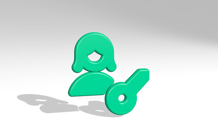 SINGLE WOMAN ACTIONS KEY stand with shadow. 3D illustration of metallic sculpture over a white background with mild texture. icon and isolated