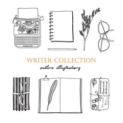 Writer collection. Writing icons, line art illustrations on white isolated background. Typewriter, notebook, pen, books