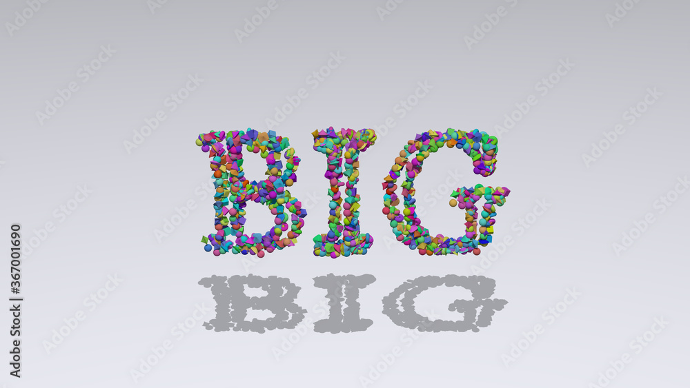 Aufkleber colorful 3d writting of big text with small objects over a white background and matching shadow. ill