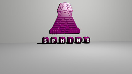 3D representation of SPHINX with icon on the wall and text arranged by metallic cubic letters on a mirror floor for concept meaning and slideshow presentation. egypt and ancient