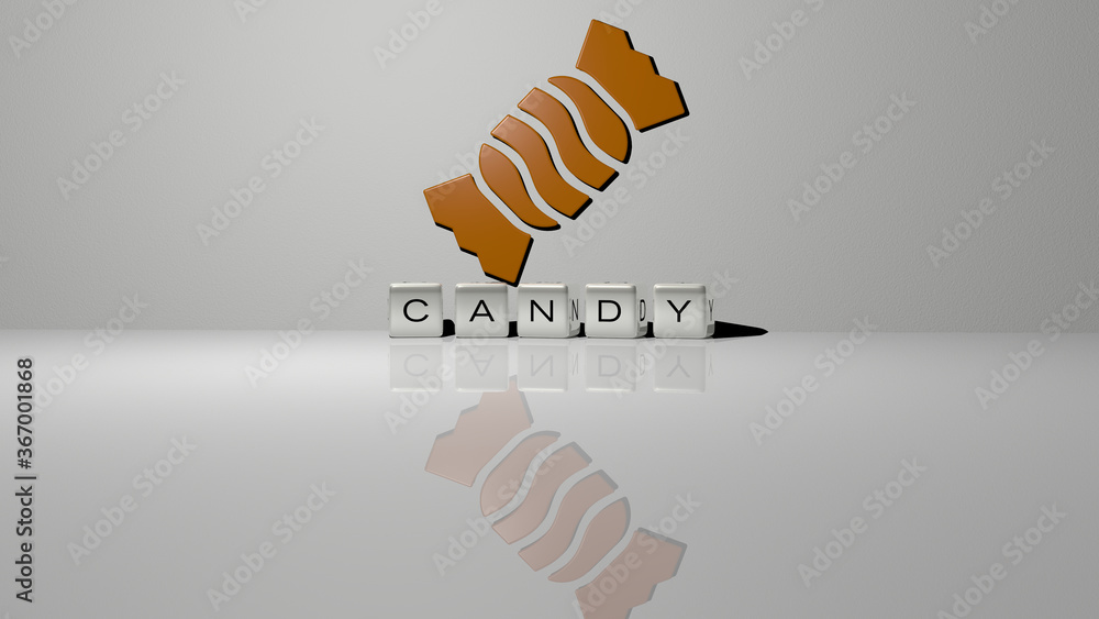 Aufkleber 3d representation of candy with icon on the wall and text arranged by metallic cubic letters on a mi