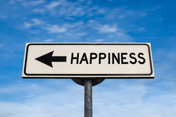 Happiness road sign, arrow on blue sky background. One way blank road sign with copy space. Arrow...