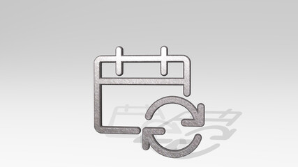 CALENDAR REFRESH made by 3D illustration of a shiny metallic sculpture casting shadow on light background. design and business