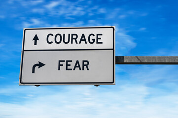 Courage versus fear. White two street signs with arrow on metal pole. Directional road. Crossroads...