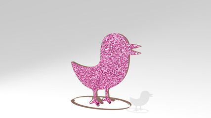 BIRD from a perspective on the wall. A thick sculpture made of metallic materials of 3D rendering. animal and illustration