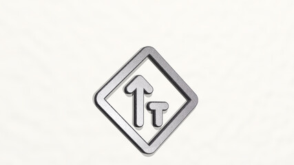 road sign traffic left from a perspective on the wall. A thick sculpture made of metallic materials of 3D rendering. background and city