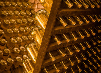 sparkling wine bottles stored during maturing and fermentation in a cellar