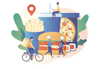 Food delivery service. Tiny people order food online. Chefs and courier prepare food to order. Pizza, burger, french fries, sushi. Modern flat cartoon style. Vector illustration on white background