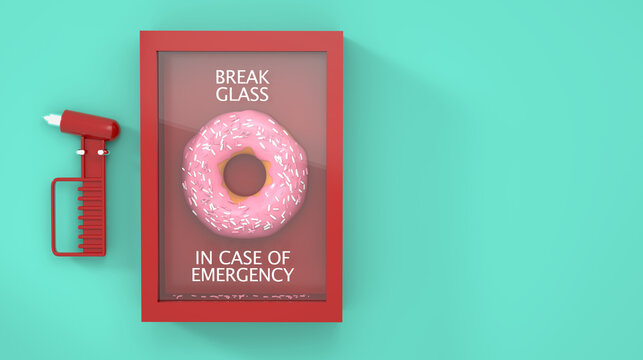 Donut in the emergency box with glass breaker hammer on the wall, diet, addiction, temptation concept