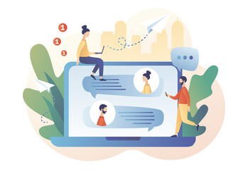 Tiny people using laptop for chatting. Mobile chat App. Online communication, social networking, messages, speech bubbles. Modern flat cartoon style. Vector illustration on white background