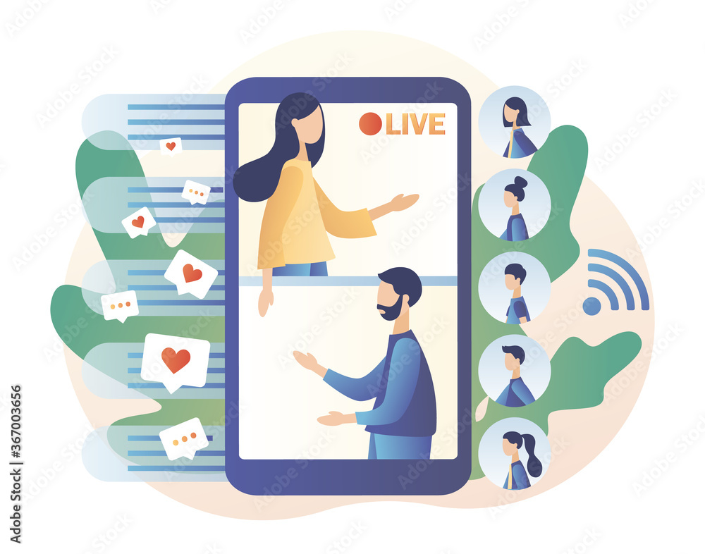 Poster live streaming. two tiny blogers that conduct live stream in social networks on smartphone app and v