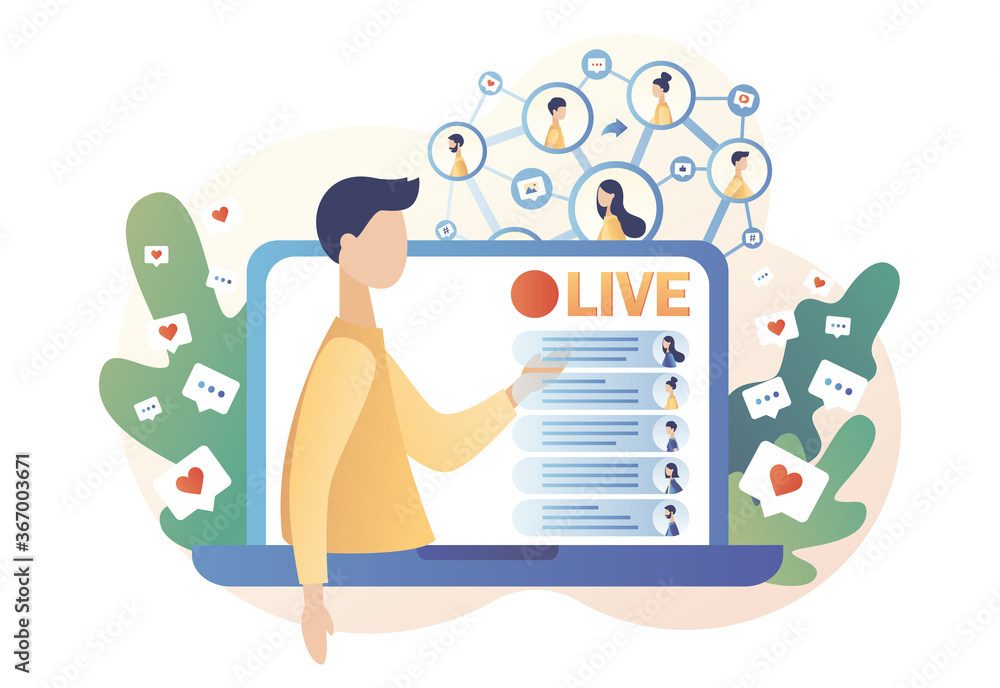 Aufkleber tiny bloger that conduct live stream in social networks on laptop screen and viewers comment and lik