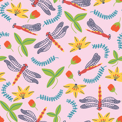 Summer pattern flowers and dragonfly
