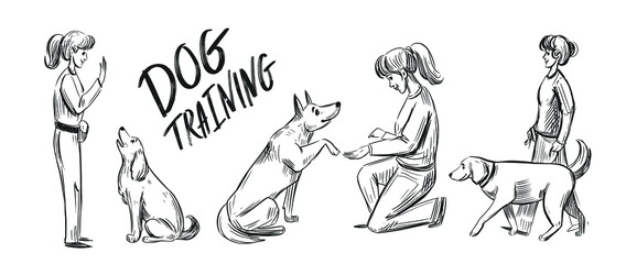Sketch of a girl training a dog. Black outline with transparent background
