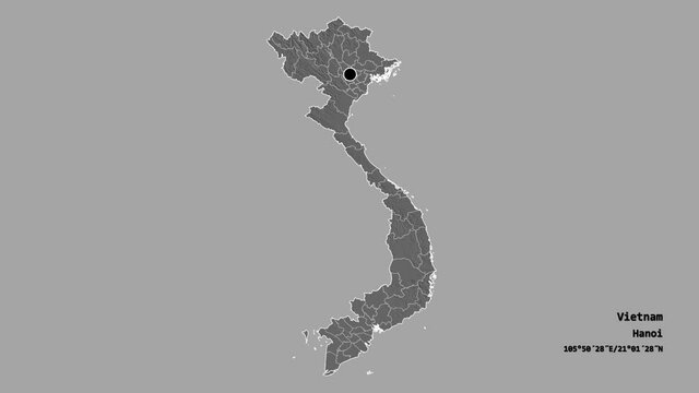 Đồng Nai, province of Vietnam, with its capital, localized, outlined and zoomed with informative overlays on a bilevel map in the Stereographic projection. Animation 3D