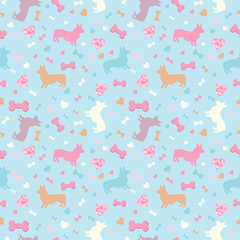 Simless pattern silhouette welsh corgi dog with a pink heart and favorite bones.