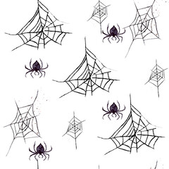 watercolor illustration of a seamless pattern of webs of different sizes and black spiders on a white background for Halloween celebration.
