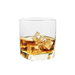 glass of whiskey with ice cubes on wooden table