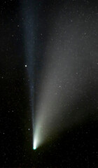Comet Neowise soars through the night sky leaving two tails, a blue ion tail, and white dust tail.