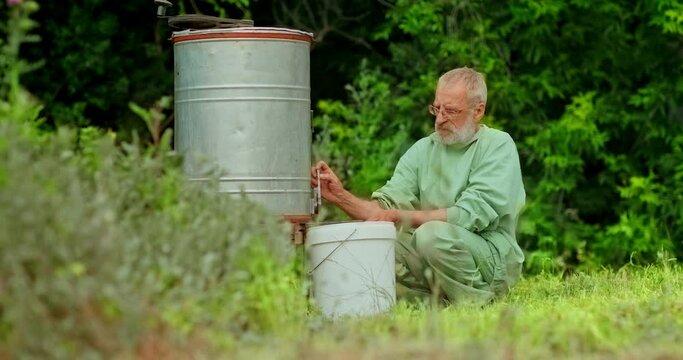 Beekeeper pours honey from a honey extractor into a jar. Beekeeper pumps honey in the apiary. 4k, 10bit, ProRes