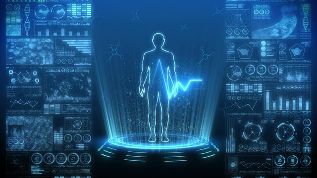 Man virtual body. Human medical hologram animation. Graph, Diagram, Infographic. Medicine and health care concept. User Interface. High tech future loop animation.