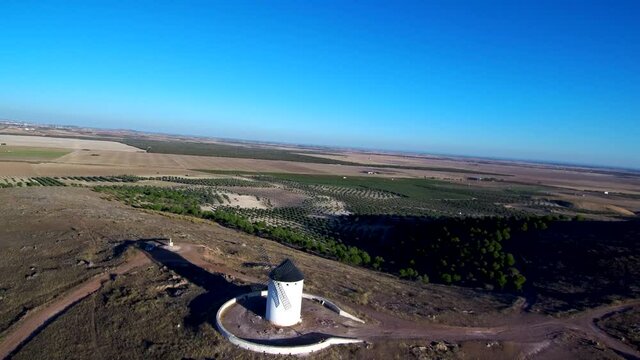 Aerial view of spanish windmills in the Route of Don Quixote. Drone Footage
