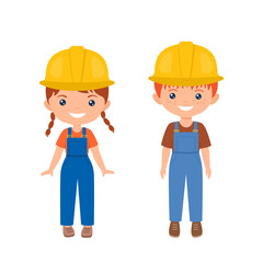 Cute characters chibi boy and girl in workwear. Professions for kids. Flat cartoon style