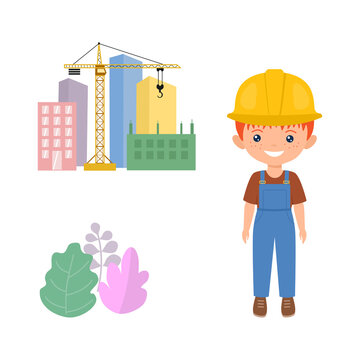 Cute character chibi boy in workwear. Professions for kids. Flat cartoon style