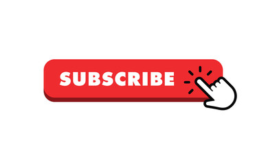 Subscribe button with hand click icon. Finger pointer clicking web site call to action. Clic vector.