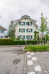 A perfect neighbourhood. Houses in suburb at Summer in Lucerne, Switzerland. Luxury houses with nice landscape.