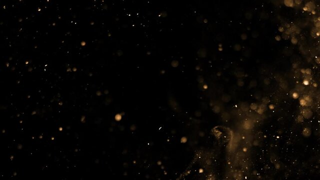 Gold dust particles fly in slow motion in the air lingering slowly. Dust Particles Background Bokeh Lights Background on Black Background 4k Footage Snow Particles Background.