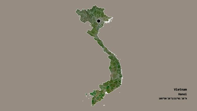 Hải Ph&ograve;ng, city of Vietnam, with its capital, localized, outlined and zoomed with informative overlays on a satellite map in the Stereographic projection. Animation 3D