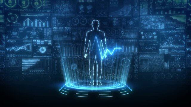 Man virtual body. Human medical hologram animation. Graph, Diagram, Infographic. Medicine and health care concept. User Interface. High tech future loop animation.