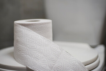 Toilet paper is on the toilet lid in the bathroom.