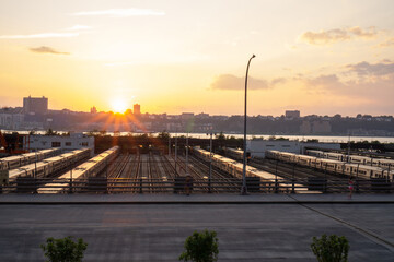 Subway trains outside in midtown Manhattan west side and view on New Jersey