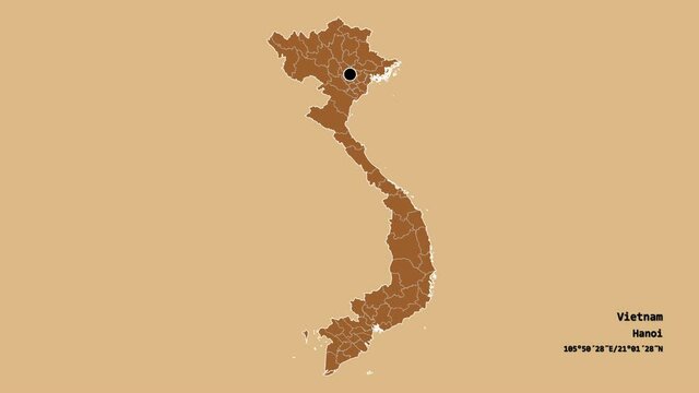 Ki&ecirc;n Giang, province of Vietnam, with its capital, localized, outlined and zoomed with informative overlays on a solid patterned map in the Stereographic projection. Animation 3D