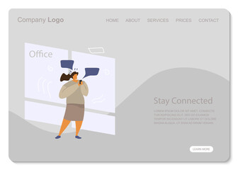 White woman Stay Connected stand Office. Social Network Landing Page Template. Young Man Flat Characters Chatting Using Smartphone Website Web Page. Virtual Communication Concept. Flat illustration