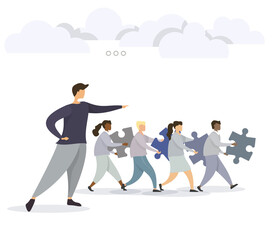 Business Team leader concept, puzzle metaphor. People connecting puzzle elements. Flat illustration teamwork, heterosexual cooperation, partnership